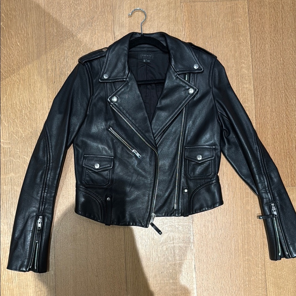 Theory Black Leather Moto Jacket Asymmetrical Zip